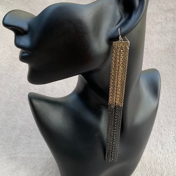 Two Toned Long Multi Chain Drop Earrings - Picture 3 of 11